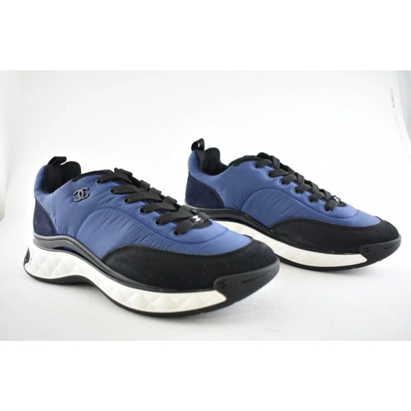 Chanel 21A Mens Blue Black White CC Logo Lace Up Low Top Trainer Sneaker 44 11 - Picture 4 of 7